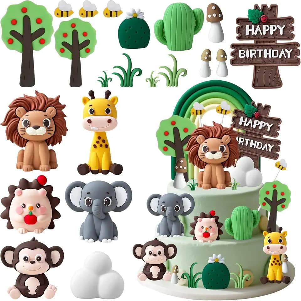 FEMBW Tortendeko Tiere Set, 22 Stück Dschungel Kuchendeko Wild One Geburtstag Deko Torte, Waldtiere Cake Topper Dschungel Themed Party Kuchen Dekoration für Kinder Junge Mädchen