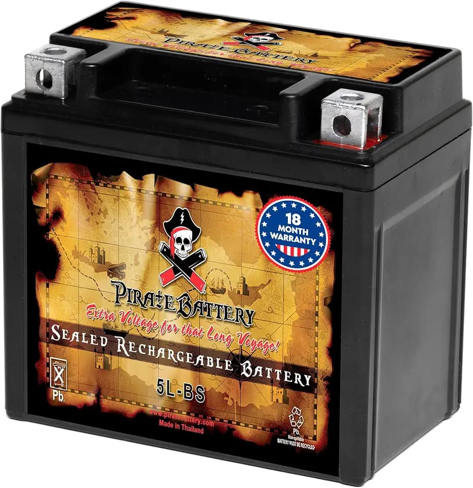 Pirate Battery YTX5L-BS Maintenance Free Replacement Battery compatible with ATV, Motorcycle, and Scooter: 12 Volts, 5 Amps, 4Ah, Nut and Bolt (T3) Terminal