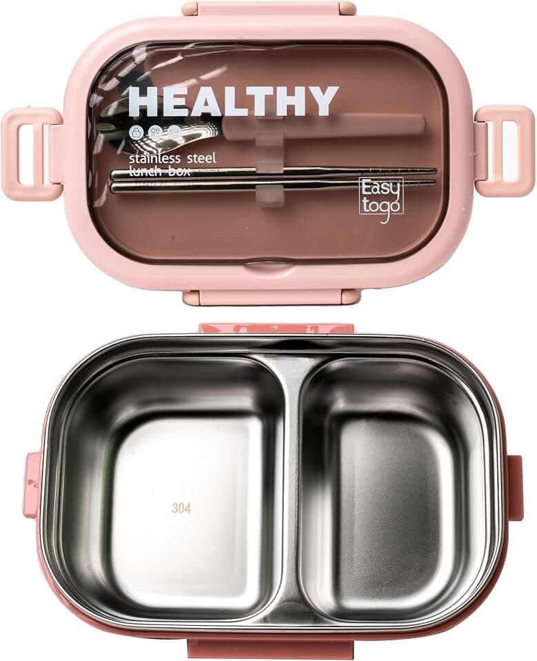 Easy Togo 2 Compartment Bento Box with Cutlery Set, 28oz Leakproof, Reusable, Stainless Steel Portion Control Lunch Containers, Salad, Fruit, Food Snack Box - Pink Lunchbox
