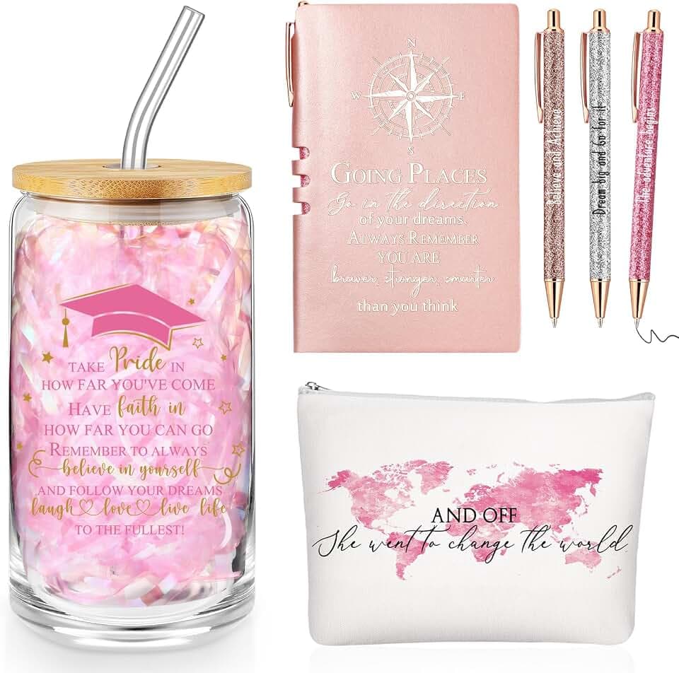 Domensi 6 Pcs Class of 2026 Graduation Gift for Her 16oz Glass Cup Makeup Bag Compass Journal Ballpoint Pens Inspirational Graduation Gift Set for College High School Daughter Sister Friend(Pink)