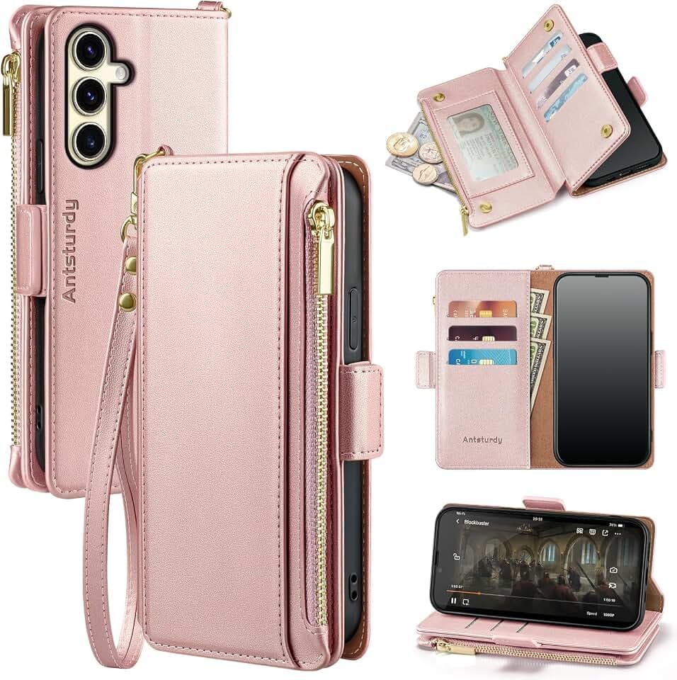 Antsturdy for Samsung Galaxy S25 Plus Phone Wallet Case Women,Rose Gold