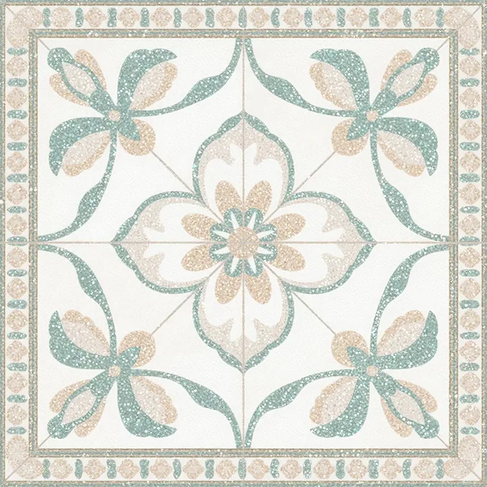 HOMETITUTE Cream Mint Floral Peel Stick Floor Tile Art Deco, 12"x12"