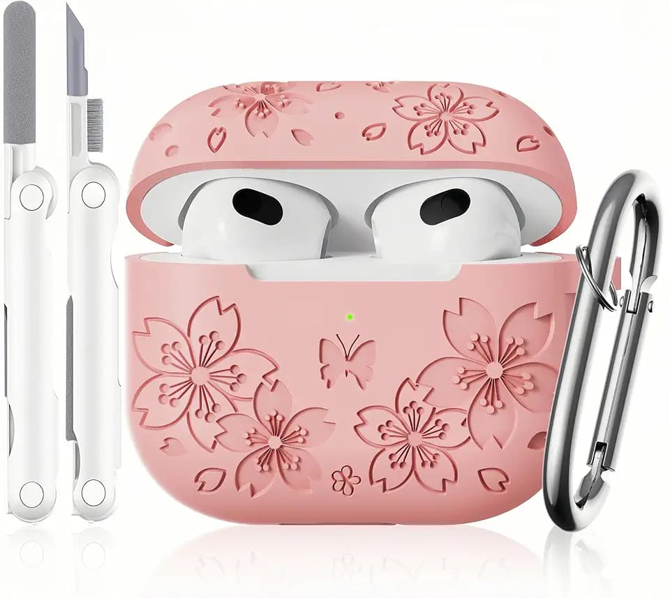 Silicone Case for Airpods 3rd Generation - Engraved Butterfly Flowers Design with Cleaner Kit & Keychain (Pink)