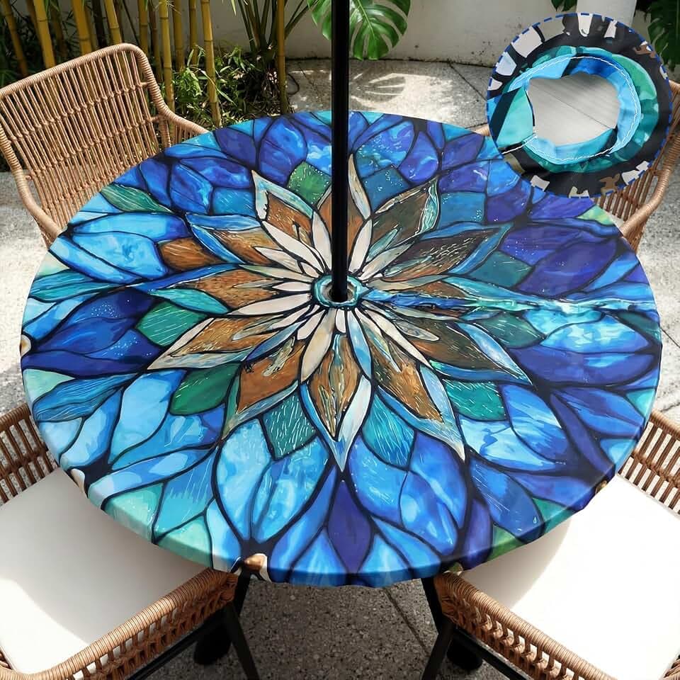 HunnmingRe Mandala Round Tablecloth with Umbrella Hole, 45"-53"
