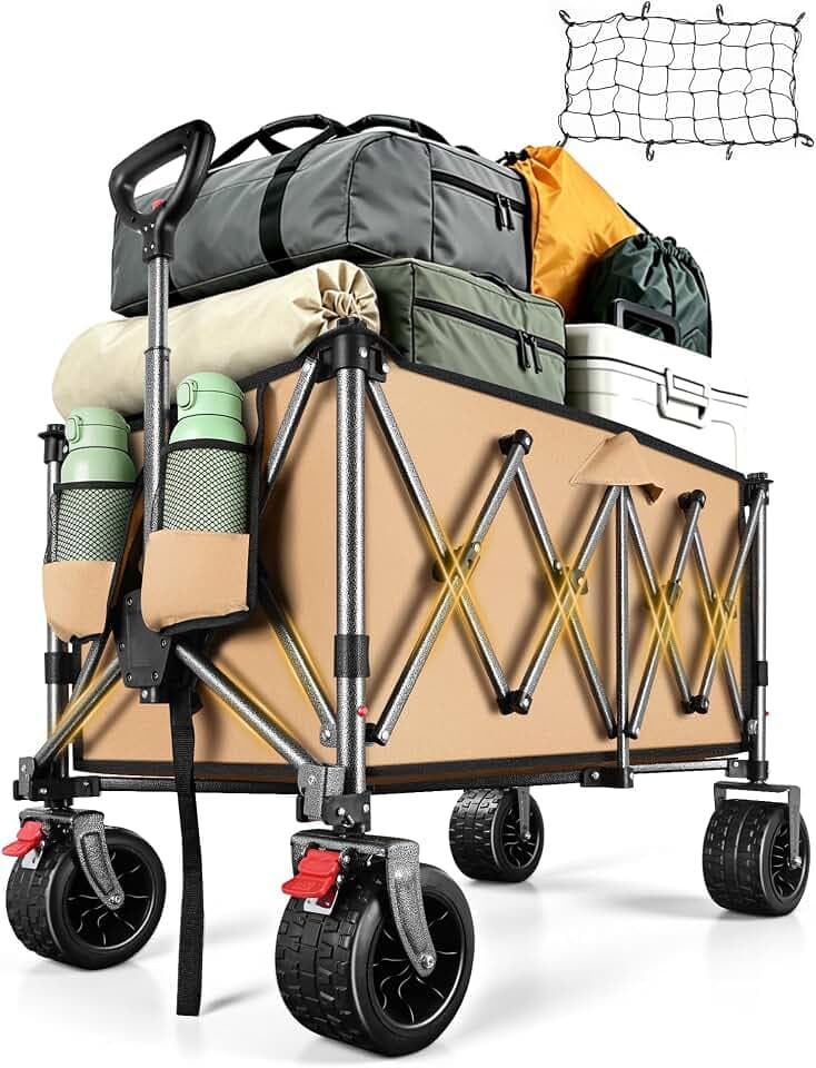 YEAUPE PRO Faltbarer Bollerwagen & Shopping-Trolley mit 170L, 150kg Belastung mit höhenverstellbarem Griff | Ideal für Transport, Einkauf, Gartenarbeit und Camping | Khaki