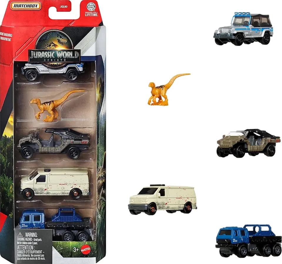 Mattel Jurassic World Spielzeugautos 5er-Pack mit Mini-Dinosaurier