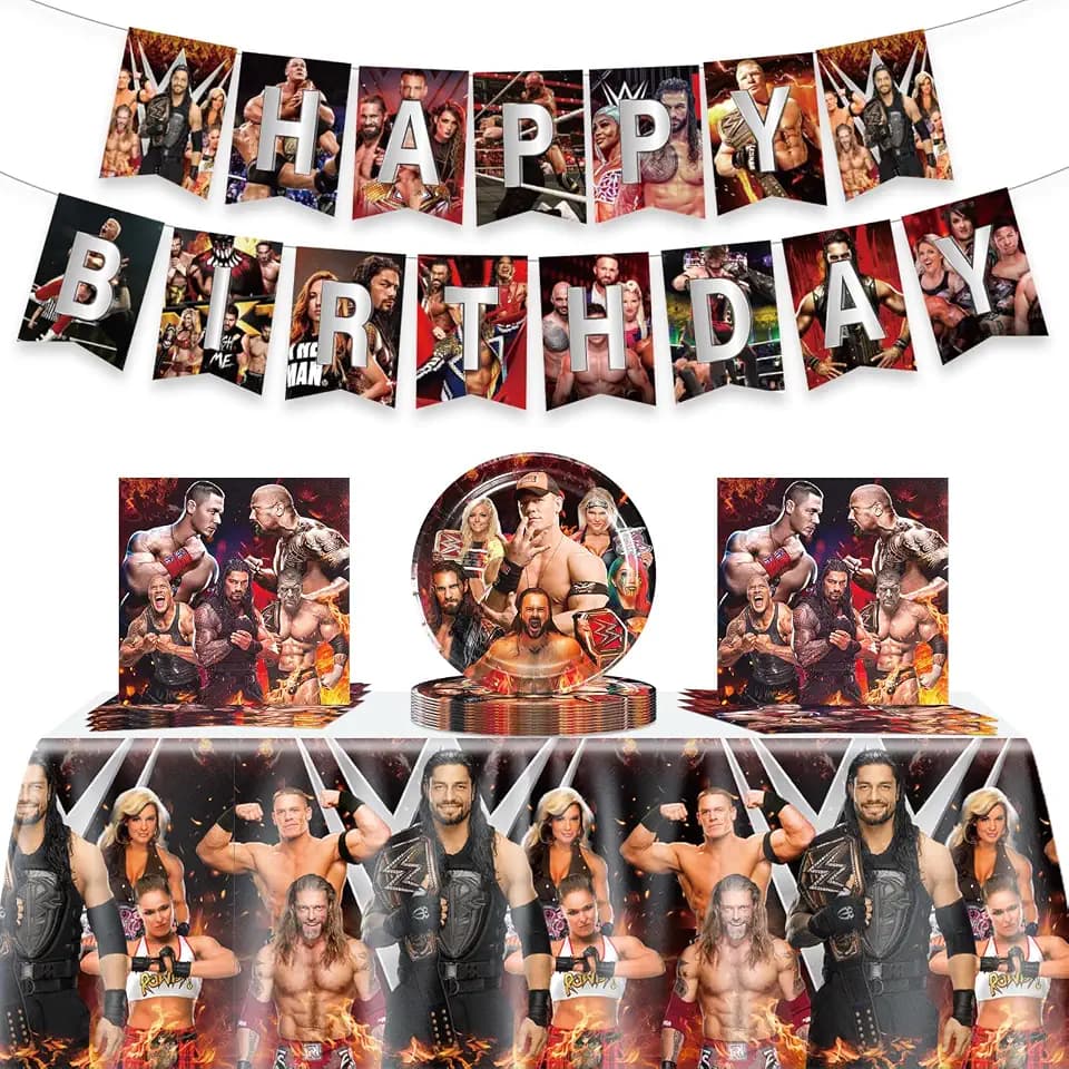 Wrestling-Geburtstagszubehör, 42 Stück Wrestling-Dekorationen umfassen Banner, Tischdecke, Teller und Servietten für Teenager, Kinder, Party-Dekoration