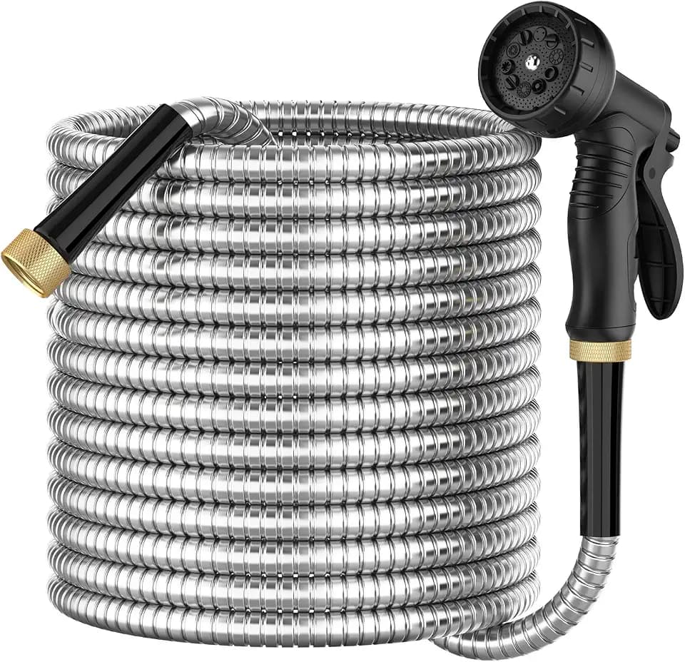 BlueGarden Metal Garden Hose 25 ft with 10 Function Nozzle,No Kinking,Flexible,Heavy Duty & Lightweight Water Pipe,Stainless Steel Outdoor Water Hose for Yard and Lawn,Non-Expandable 25 feet
