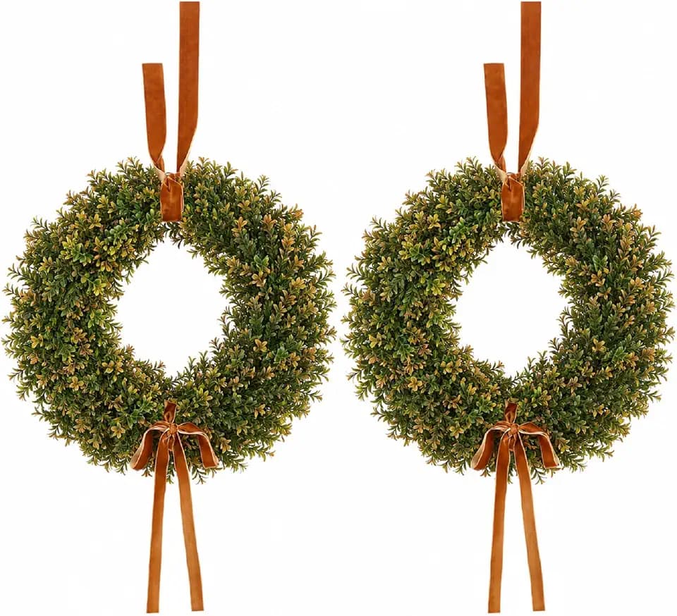 Dingion 2 Pack 20 Inch Fall Wreath for Front Door Boxwood Wreath with Bow