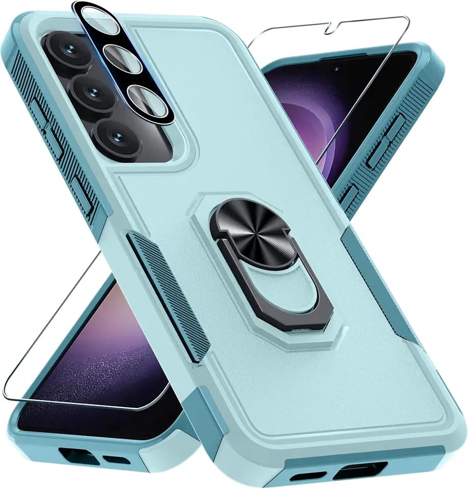 for Samsung Galaxy S25 Plus/S24 Plus Case with Screen Protector+Camera Lens Protector,Heavy Duty Shockproof Full Body Protective Cover Built in Rotatable Metal Ring Holder Kickstand,2025 Mint Green