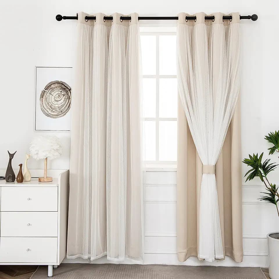 INLINAS Blackout Curtains with Sheer Overlay, Beige, 52x96 Inches