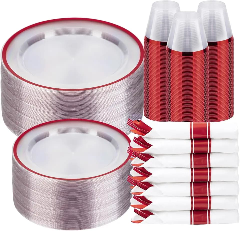 BESTSTAR 350PCS Clear and Red Disposable Plates Set for 50 Guests for Party