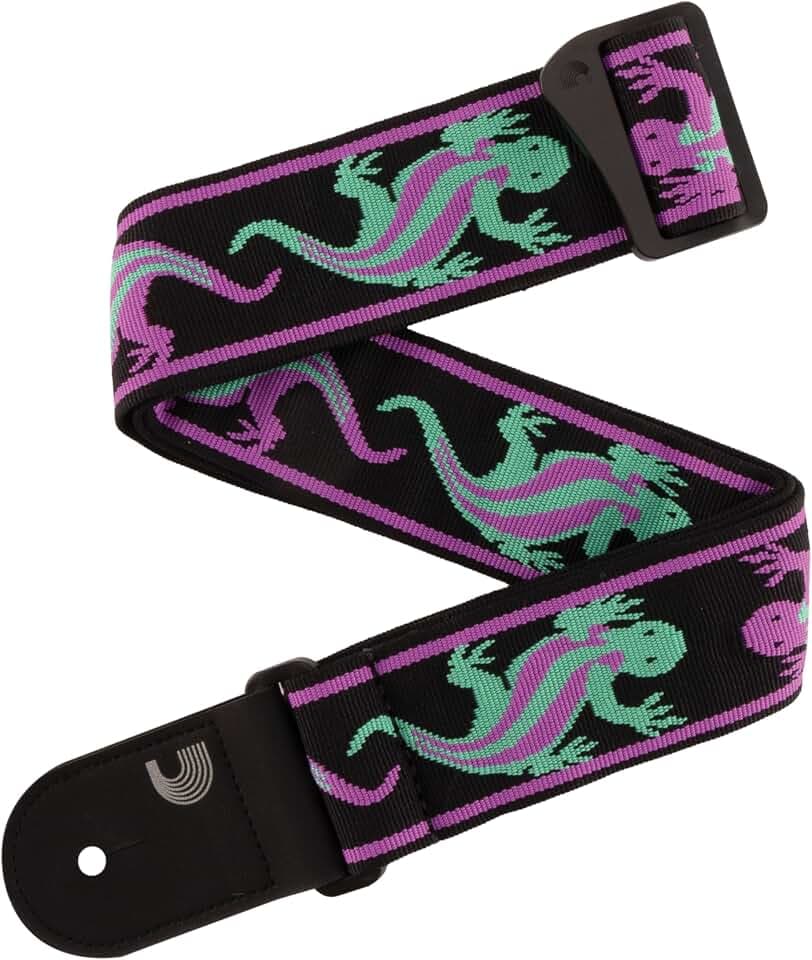 D'Addario Guitar Strap - Acoustic & Electric Guitar Accessories - Eco Leather Ends - Vintage Lizard, Green & Pink