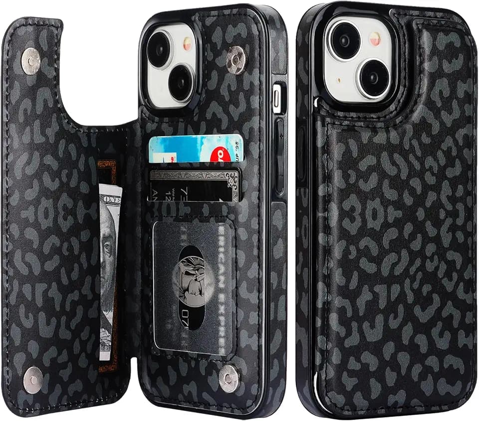 HAOPINSH Wallet Case with Card Holder for iPhone 15,Black Leopard