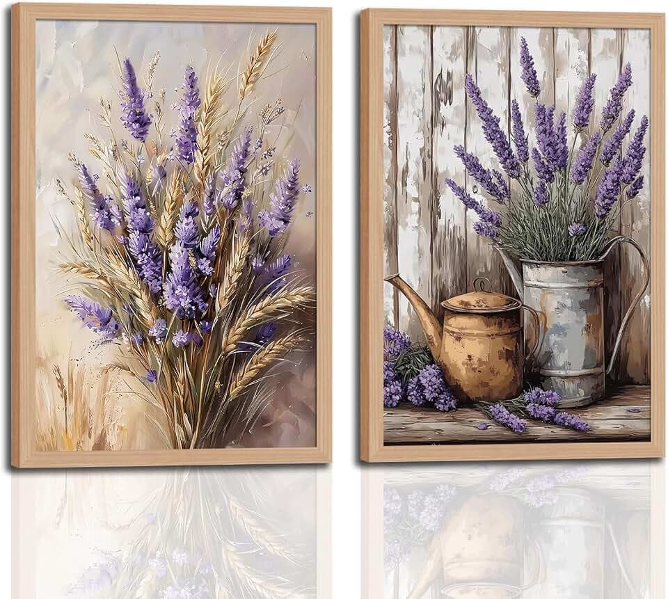 2Pcs Vintage Lavender and Wheat Flower Framed Canvas Wall Art, Modern Farmhouse Pictures Prints Artwork, Rustic Cottage Country Floral Paintings for Living Room Bedroom Bathroom Kitchen, 12x16in