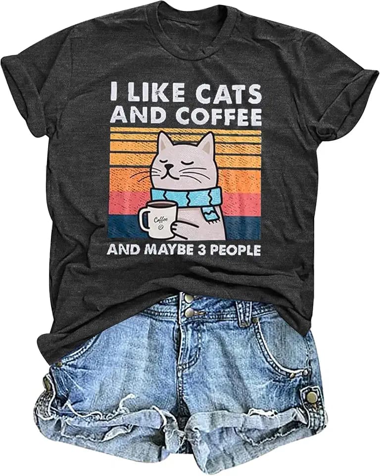 Cat Shirt Women Funny Cat Lover Shirts Retro Coffee Lover Gift Tee