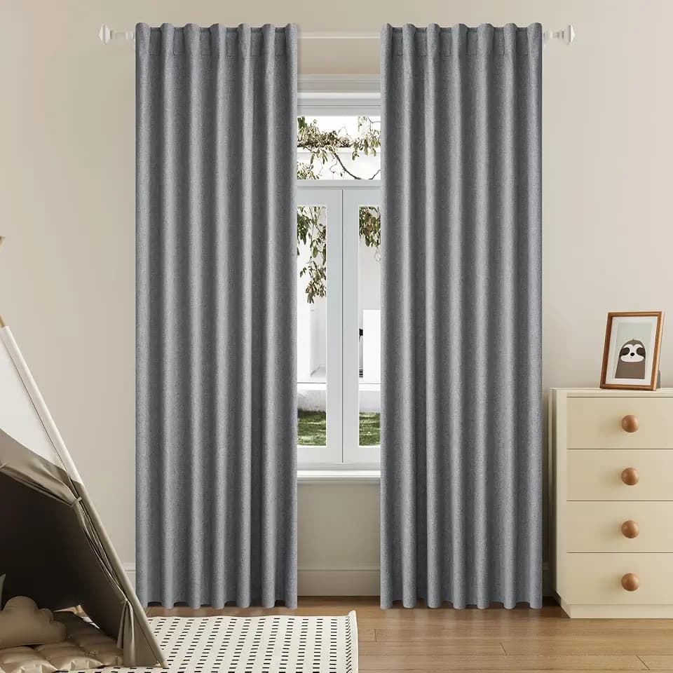 DUALIFE 100% Blackout Linen Grey Curtains 84 Inch for Living Room Darkening, Bedroom Linen Drapes 84 Inches Long Rod Pocket/Back Tab Heat Blocking Bohemian Pleated Window Curtain(50"x84"x2)