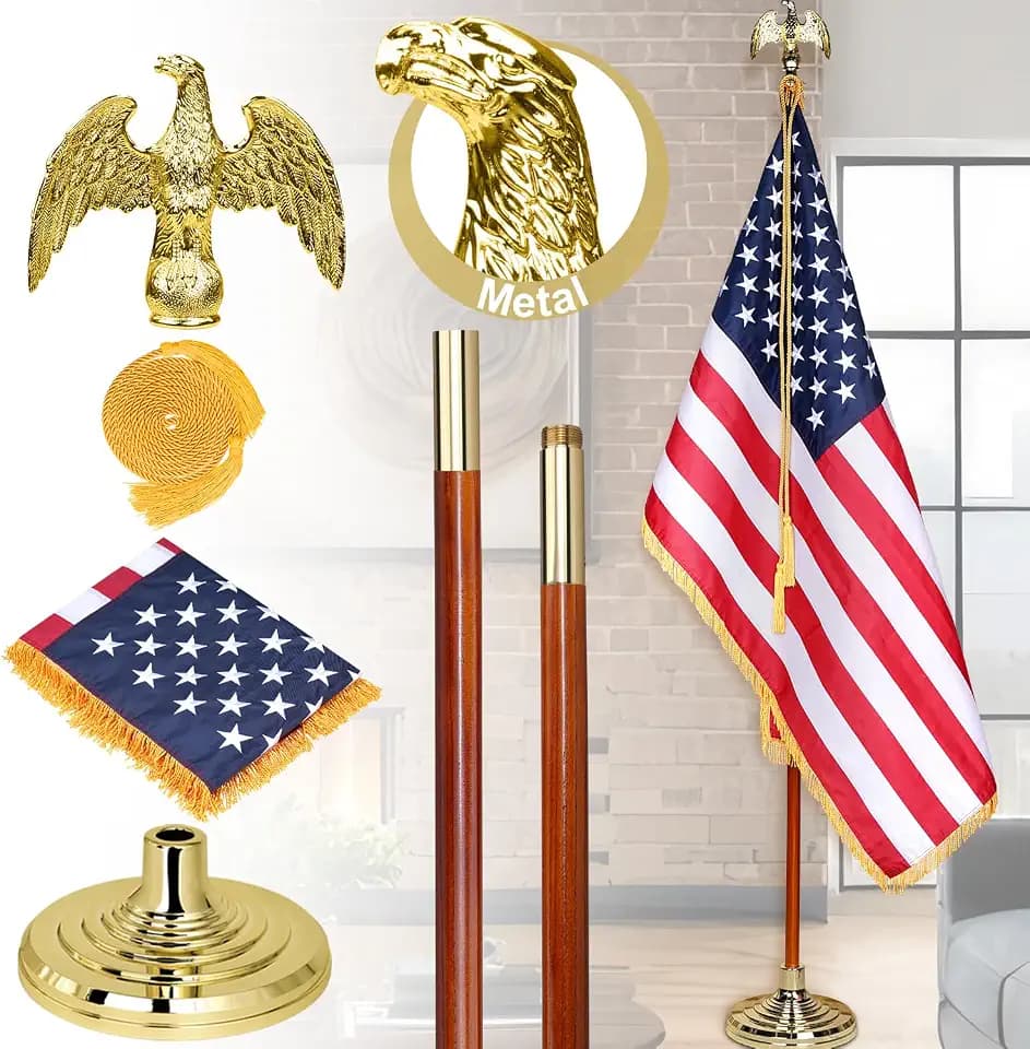 XIFAN Deluxe 7 FT Indoor American Flag and Pole Set - Solid Oak Pole, Metal Eagle Topper, Gold Fringed US Flag, Base Stand, Cord Tassel, for Lobby, Office, Auditorium, Conference Room - 7.6 FT Total
