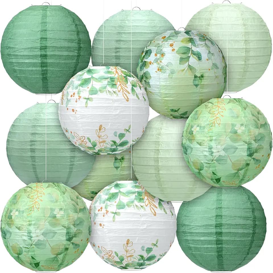 Panelee 12 Pcs Sage Green Eucalyptus Leaf Party Decorations Paper Lanterns 8 Inch Hanging Round Paper Party Decorations for Holiday Indoor Outdoor Supplies
