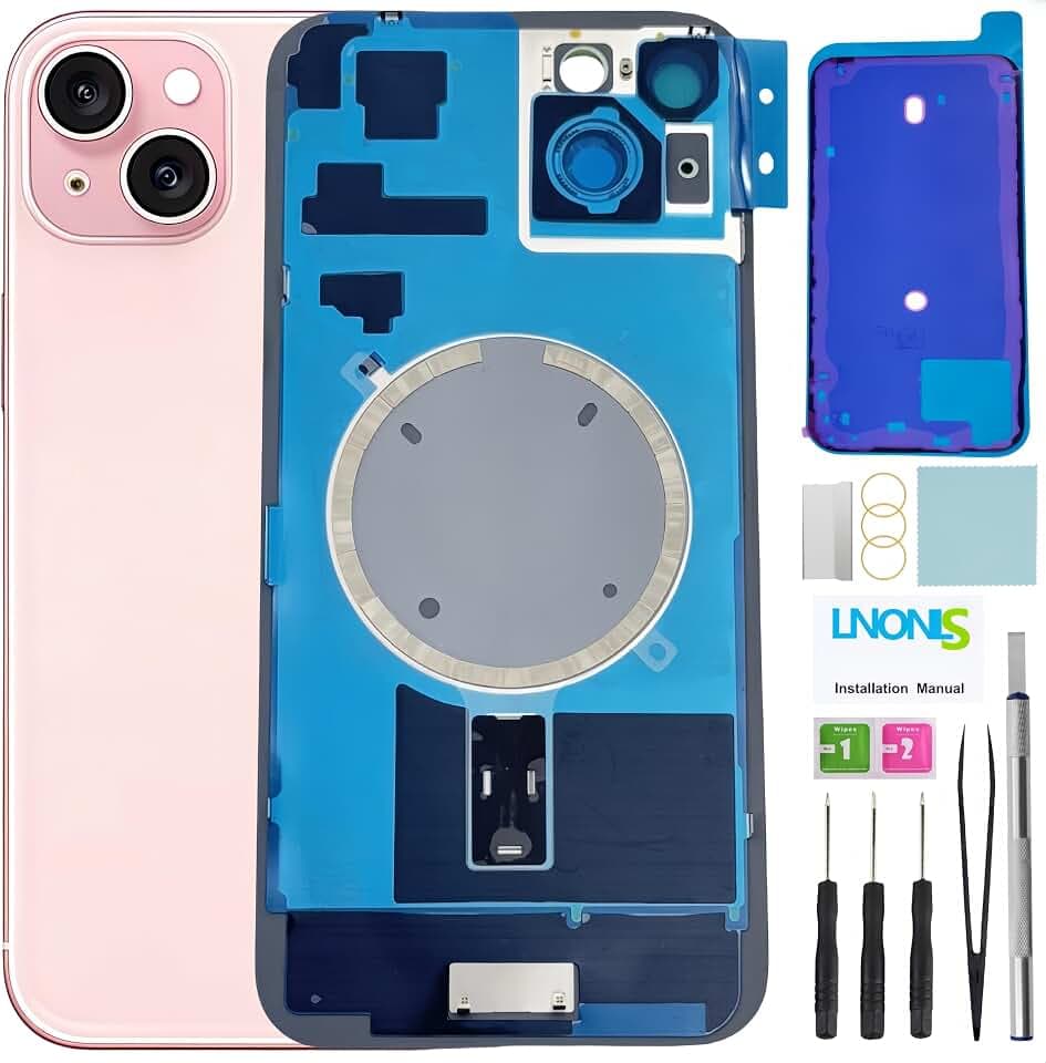 15 Plus Back Glass Replacement for iPhone 15 Plus Rear Back Cover Glass Waterproof and Camera Lens+Professional Repair Tool Kit (Pink)