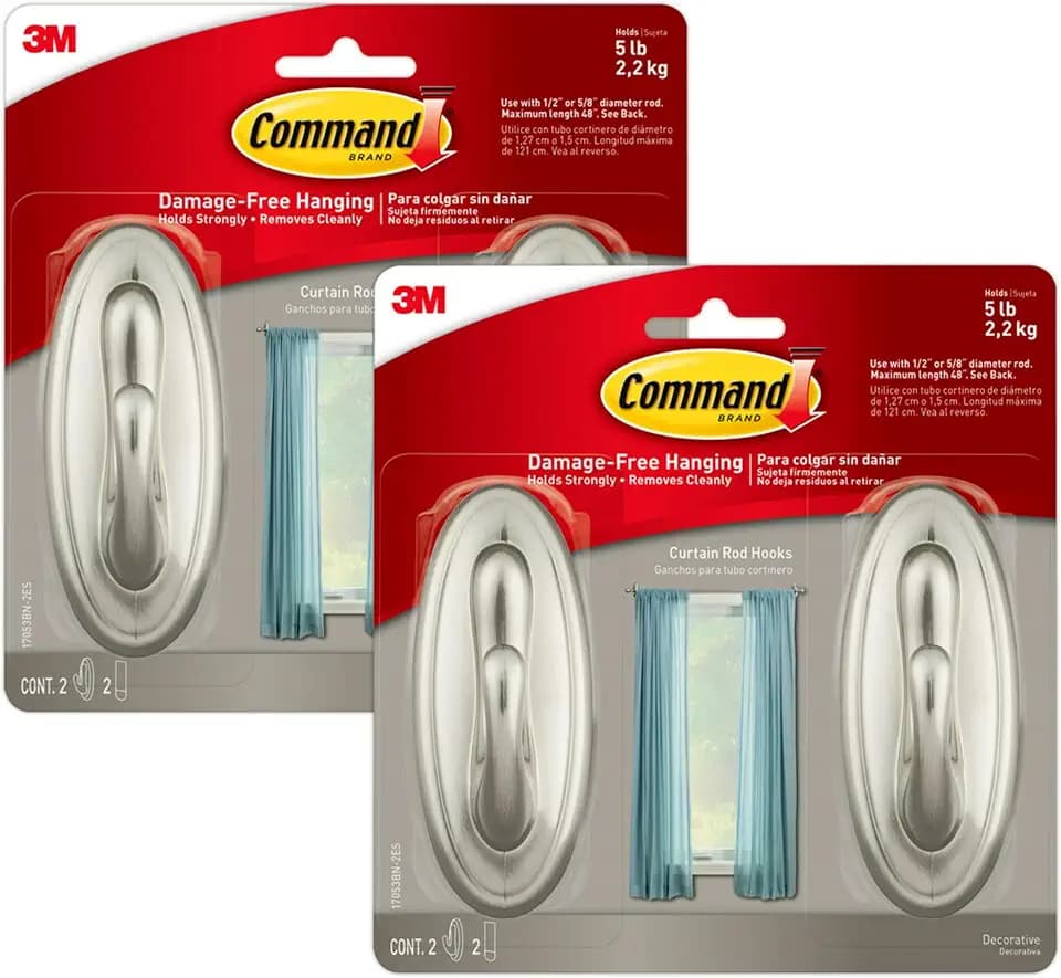 Command Medium Brushed Nickel Curtain Rod Hooks, 2 Hooks, 2 Strips