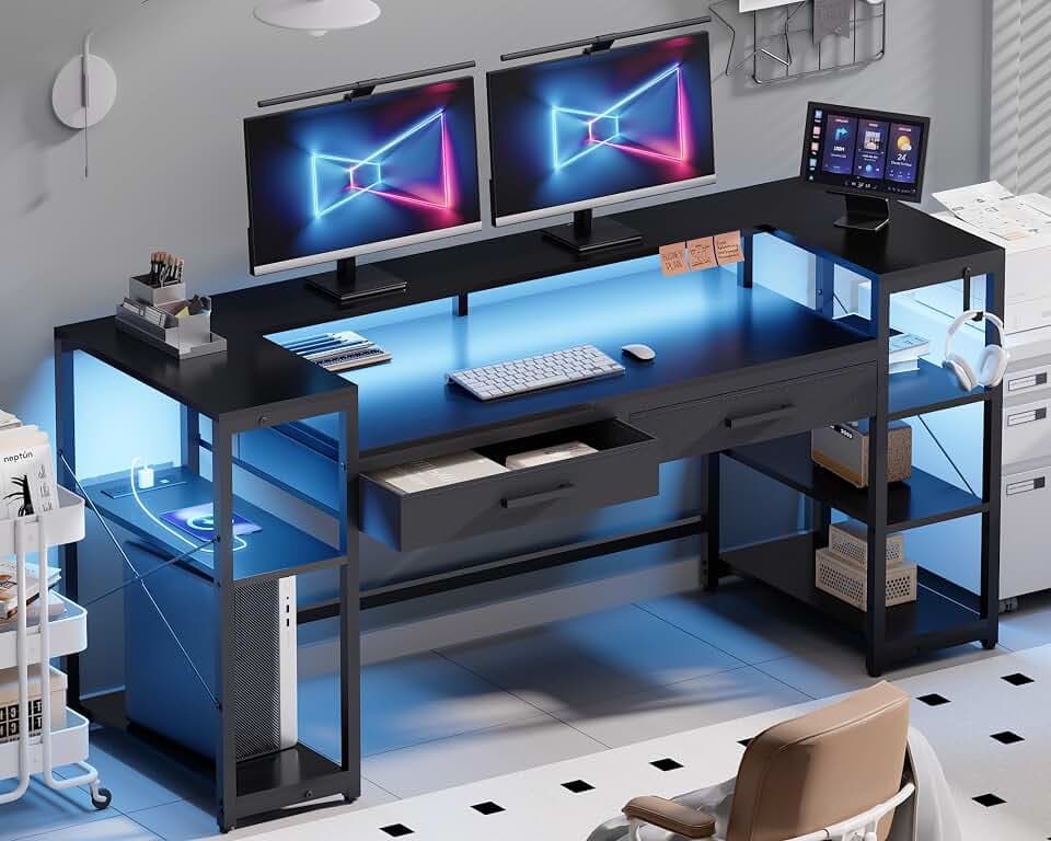 Pamray 58 Inch Gaming Computer Desk with Monitor Stand Drawers and Shelves