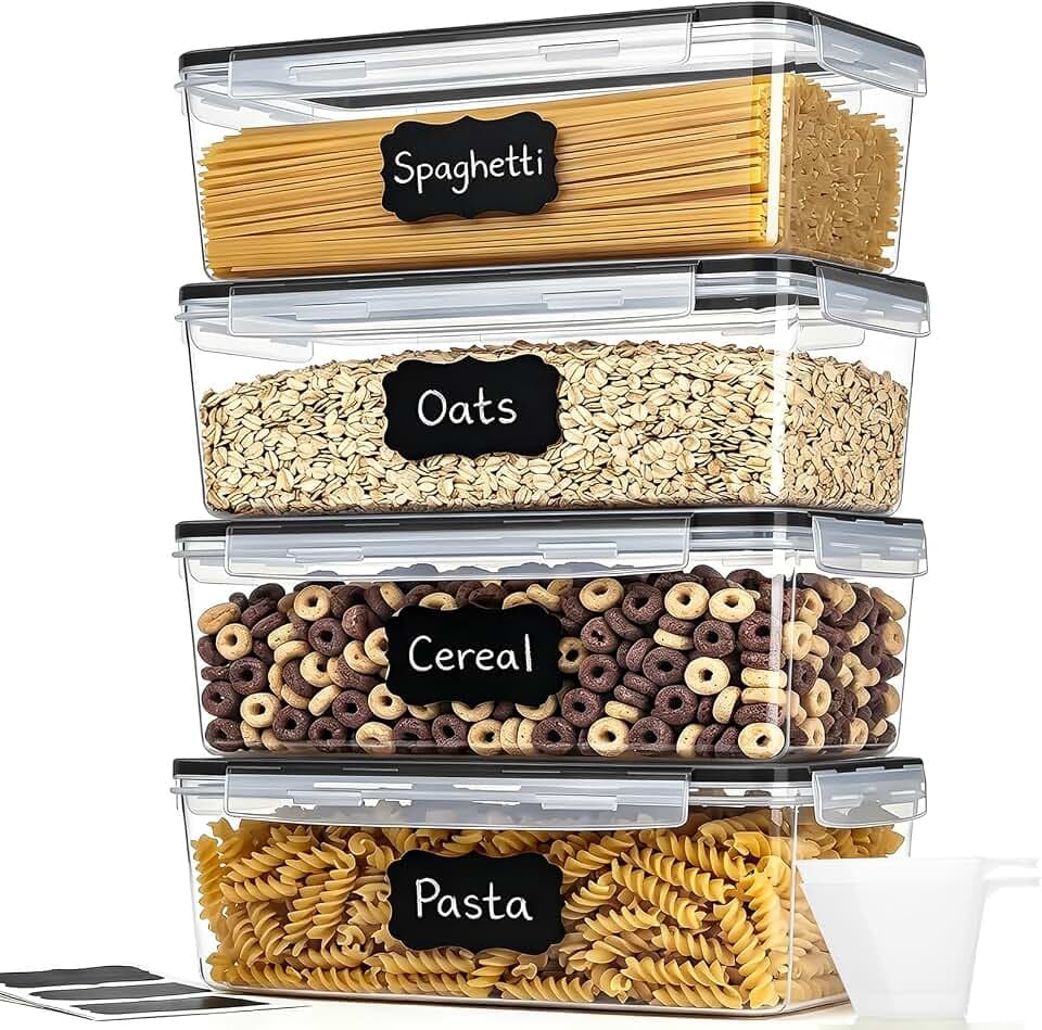 Cozary Vorratsdosen Set 4x 3,2L Aufbewahrungsbox mit Deckel für Spaghetti, Luftdichte Vorratsdosen mit 2 Messlöffeln & 3 Stickern