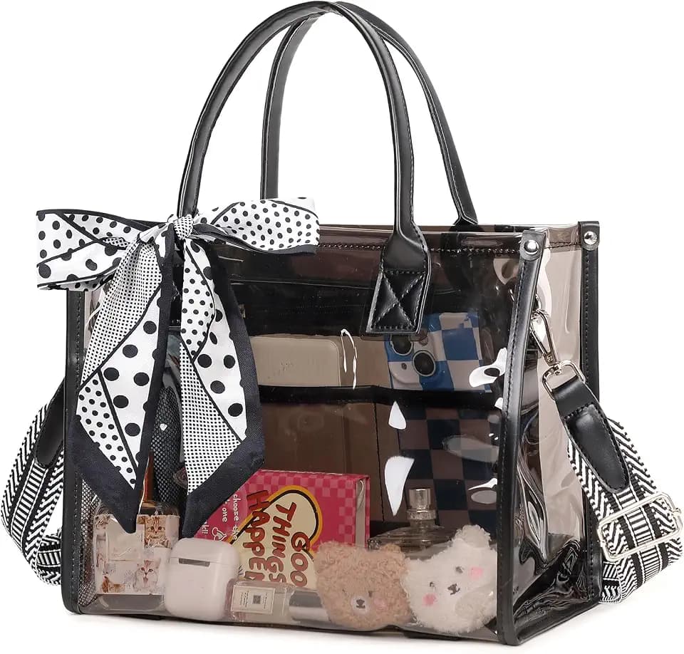 Clear Tote Bag Stadium Events Transparent Clear Purse for Women Thick PVC Shoulder Bag with Guitar Strap for Concert