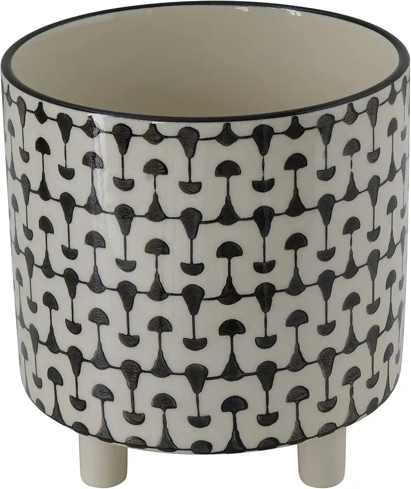 Creative Co-Op Round Stoneware Planters with Geometric Prints, Black and White