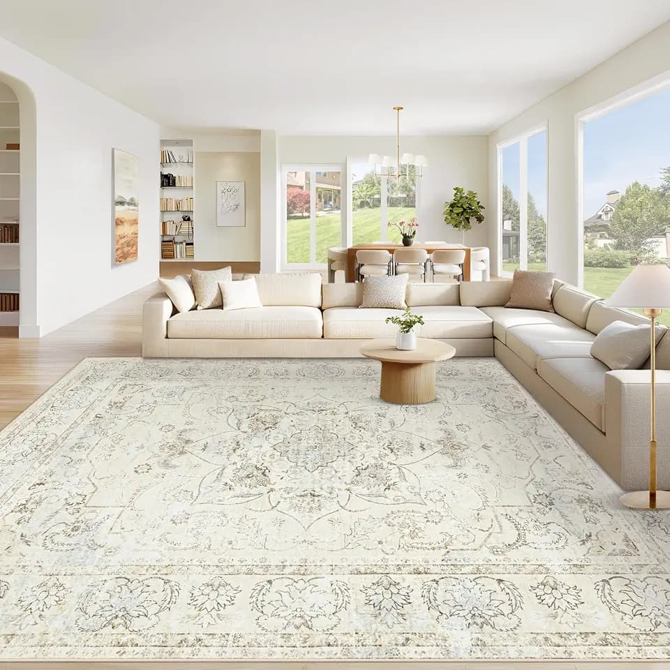 Area Rug 8x10 Washable Rug, Vintage Boho Medallion Rugs Non-Slip Soft Low Pile Large Distressed Rug Indoor Retro Carpet for Living Room Bedroom Dining Room Home Office(Cream/Light Blue, 8'x10')