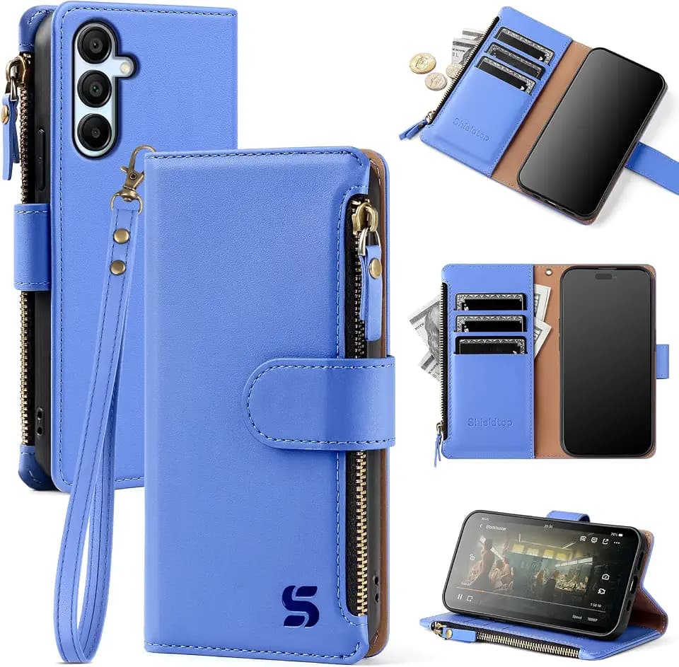 Shieldtop Compatible with Samsung Galaxy A15 5G Wallet Case with Card Holder,PU Leather Phone Case Flip Protective Cover Wrist Strap Zipper pocket Credit Card Slots RFID Blocking Women Men,Purple Blue