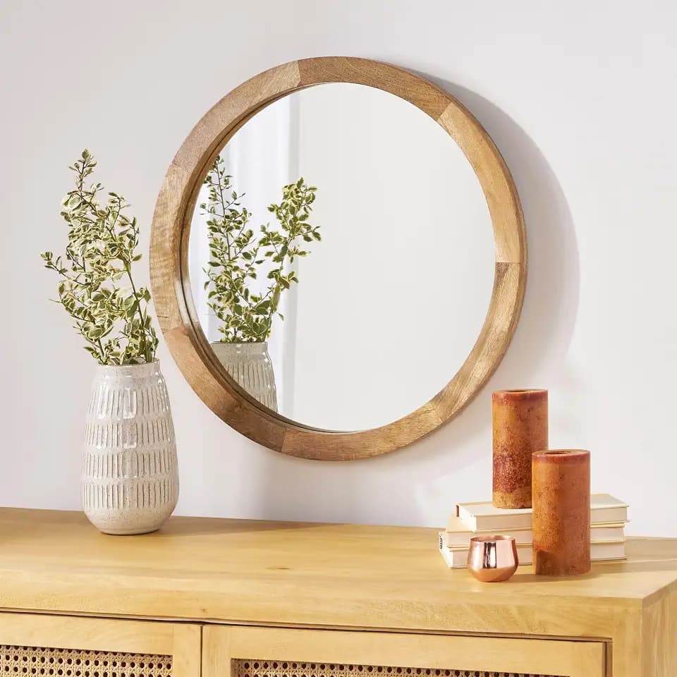 Christopher Knight Home Solis 23.50" H Round Wall Mirror, Mango Wood Wall Mirror, Tempered Glass with Natural Mango Wood Frame, Rustic Style for Living Room Hallway Home, No Assembly Needed, Natural
