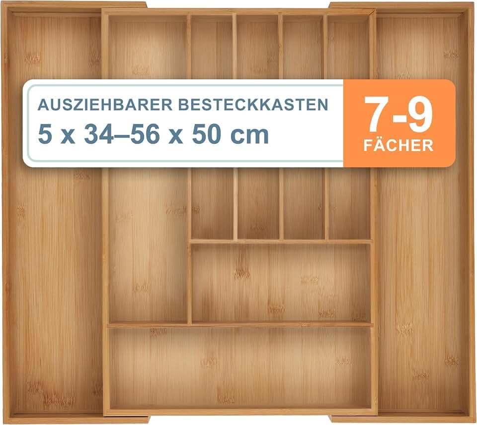 Relaxdays Besteckkasten, ausziehbarer Besteck Schubladeneinsatz, Bambus, versch. Fachanzahl, unterschiedl. Größen, Natur
