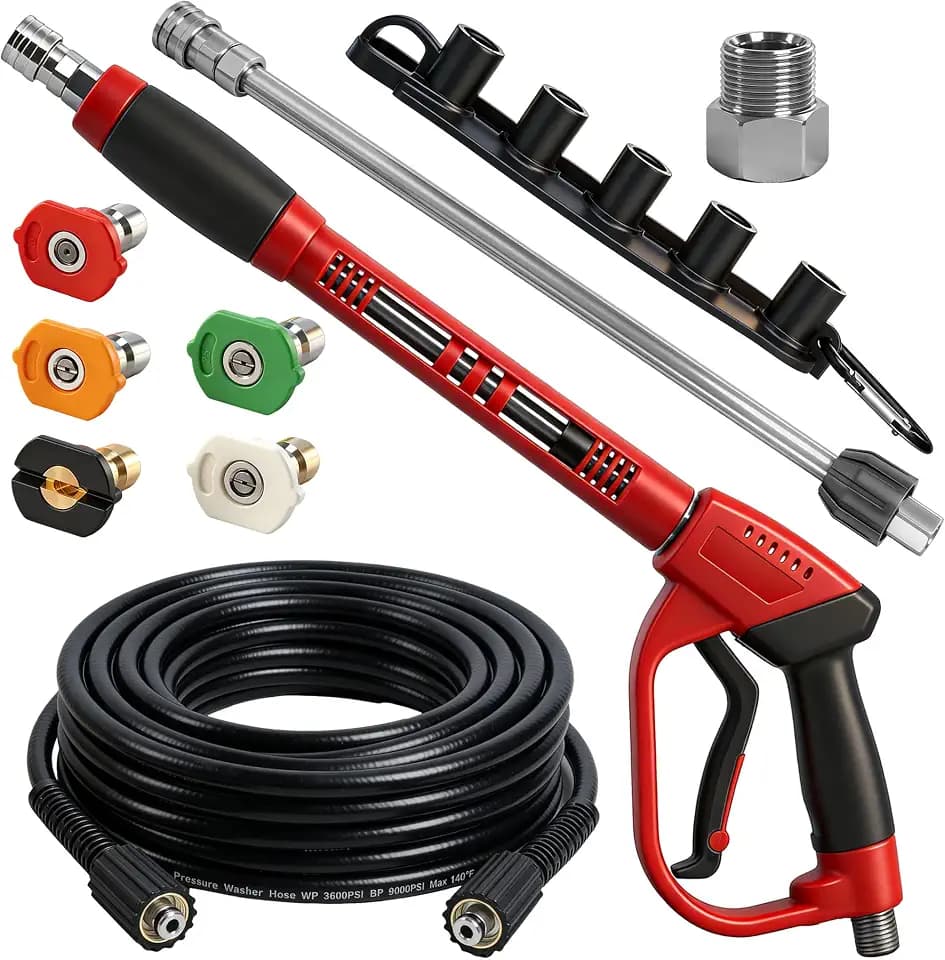 Hourleey Pressure Washer Gun and Hose Kit, 30 FT Kink Resistant Power Washer Hose and Replacement Wand Extension, 5 Nozzle Tips, M22-14 Fitting, 3600 PSI