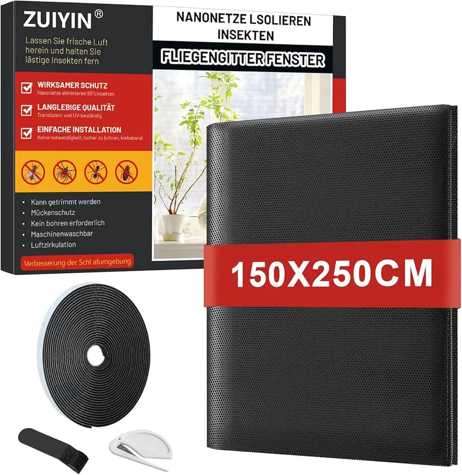 ZUIYIN Fliegengitter Fenster 150x250 cm, Insektenschutz Fenster ohne Bohren, Fliegennetz mit Upgrade 2.0 Klettband, Mückennetz Fenster, Fenstergitter Insektenschutz Schwarz