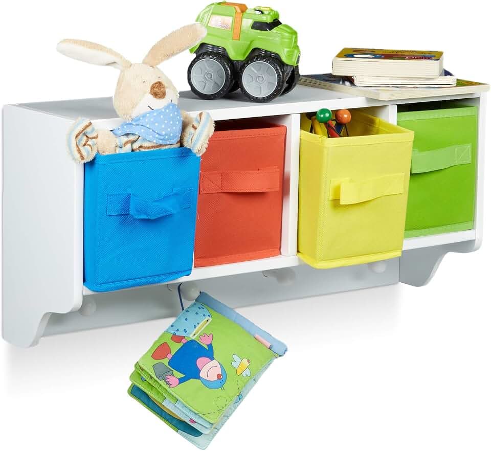 Relaxdays Kinder Wandregal Albus, 4 Kleiderhaken, weiß