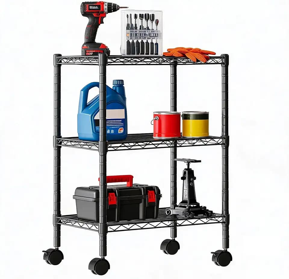 DUMOS 3-Tier Metal Storage Shelves, Wire Shelving with Wheels, 23.1" W