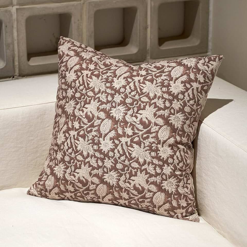 Amor Virisso Kissenbezug mit Blumenmuster, Couchkissen für Wohnzimmer, dekorativer Akzent, Blockdruck, Bauernhaus, neutrale Kissenbezüge, Sofakissen, 1 Stück, Braun
