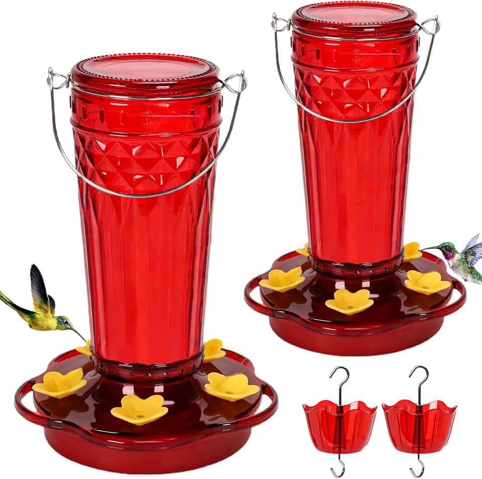 2 Pack Glass Hummingbird feeders for Outdoors 14Ounces，5 Feeding Ports Hummingbird Feeder,Wide Mouth for Easy Filling/Cleaning，Hanging for Garden Backyard Decor, Includes Ant Moat (Red，2Pack)