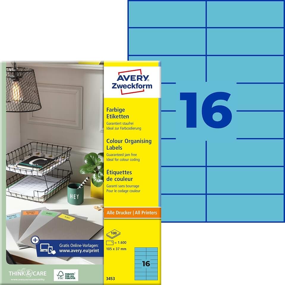 AVERY Zweckform 3453 Blaue Etiketten (1.600 Aufkleber, 105x37mm auf A4, permanent haftend, selbstklebende Farbetiketten, Papier matt, bedruckbare, farbige Klebeetiketten) 100 Blatt