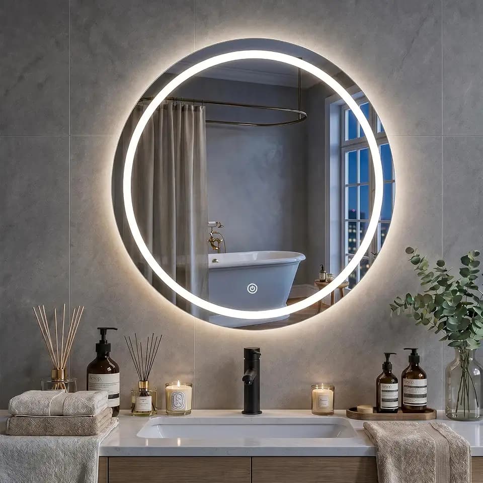 Badspiegel mit Beleuchtung, Spiegel mit Beleuchtung, Spiegel Rund 50 cm, Touch-Schalter, 3 Lichtfarben, Speicherfunktion, Badezimmerspiegel mit HD-Sicherheitsglas, Explosionsschutz Wandspiegel