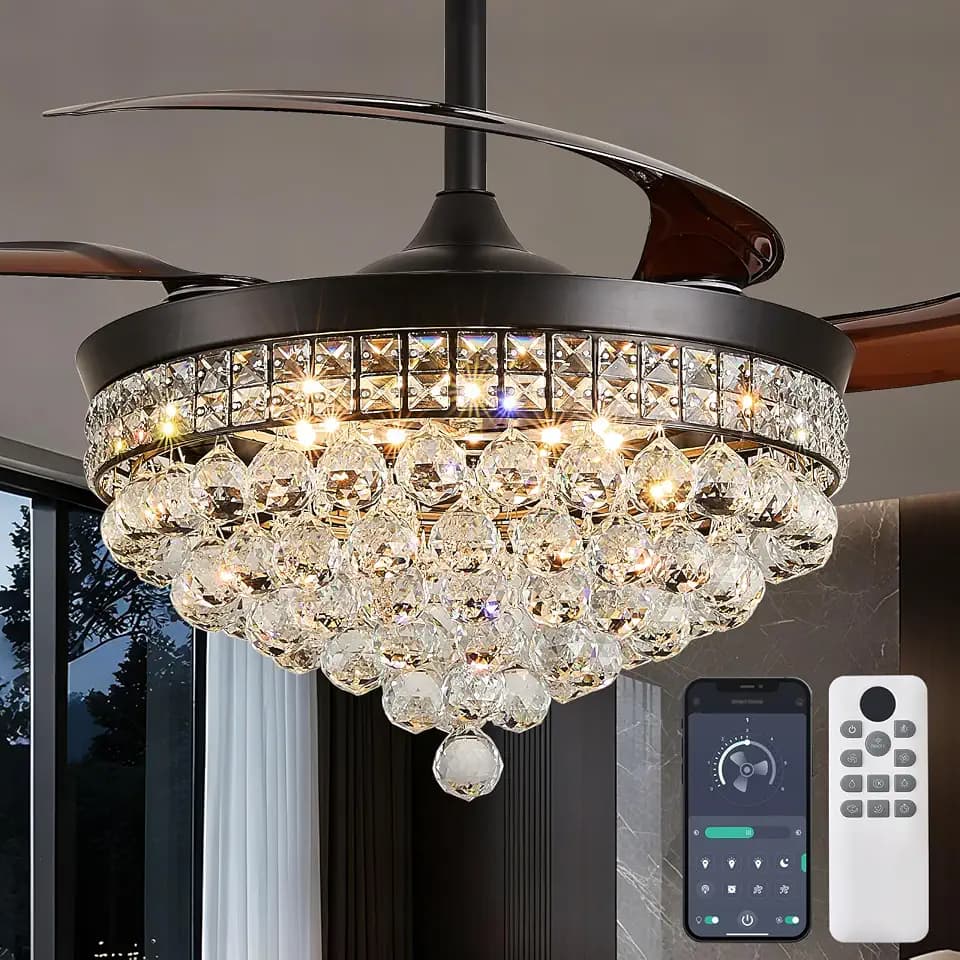 48" Retractable Crystal Ceiling Fan with Light, Classic Black