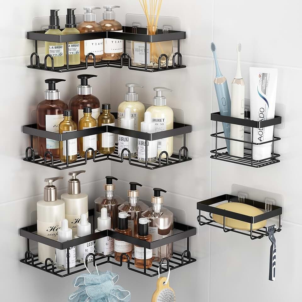 Liuoud Corner Shower Caddy 5 Pack Adhesive Stainless Steel Organizer Black