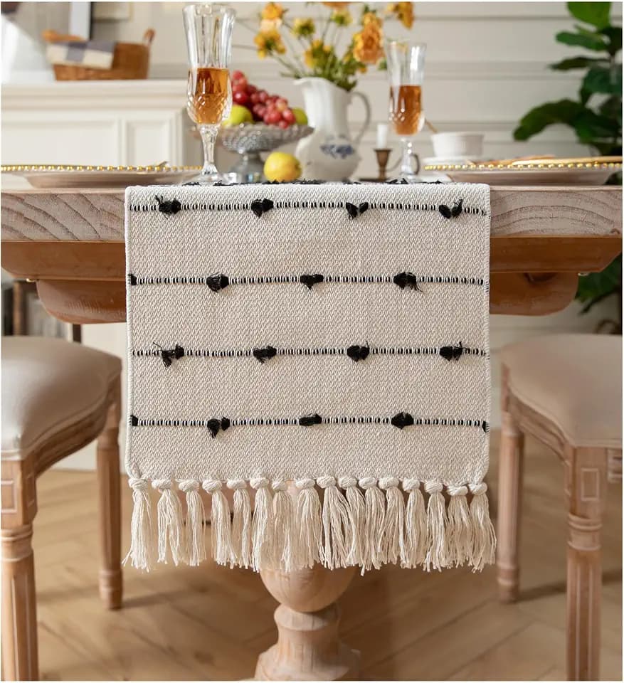 Caflife Boho Table Runner 72 Inchs Long for Modern Farmhouse Room Home Decor, Black and Beige Coffee Table Runner, Natural Cotton Woven with Tassels Neutral, for Kitchen Dining Table Decor