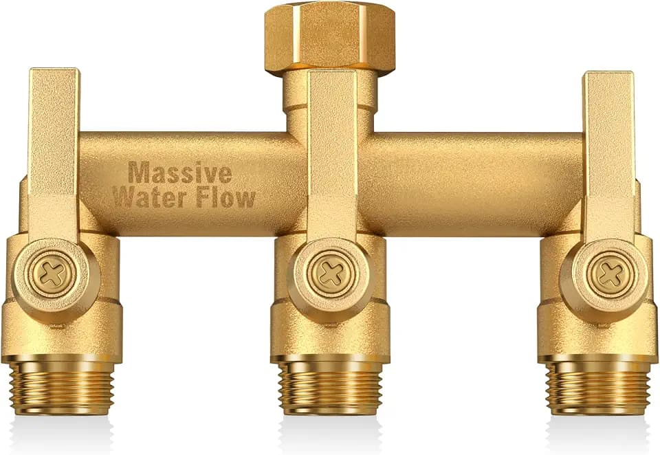 3 Way Hose Splitter Heavy Duty, Solid Brass Full Flow Outdoor Faucet and Garden Hose Splitters, Water Spigot Splitter T Adapter, All Metal Water Connector with Shut-Off Valve, 3/4 - Inch GHT Thread