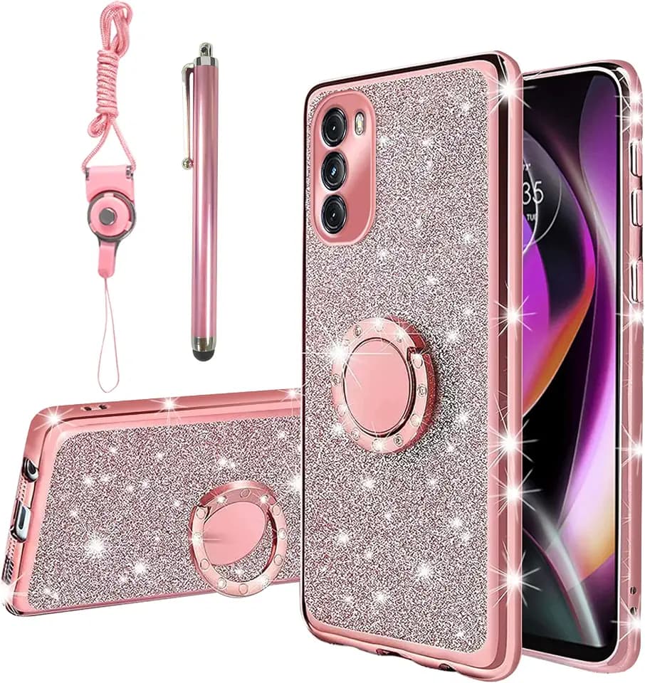 for Motorola Moto G 5G 2022 Case for Women Girls Glitter Crystal Soft Clear TPU Luxury Bling Cute Protective Cover with Kickstand Strap for Moto-G 5G 2022 (Glitter Rose)