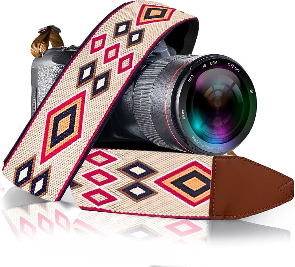 Art Tribute Camera Strap - Shoulder, Crossbody & Neck Camera Strap for Photographers, Fits All Cameras, Canon Nikon Sony Fujifilm, Padded Strap W/Quick Release, Embroidered Cotton & Leather Ends