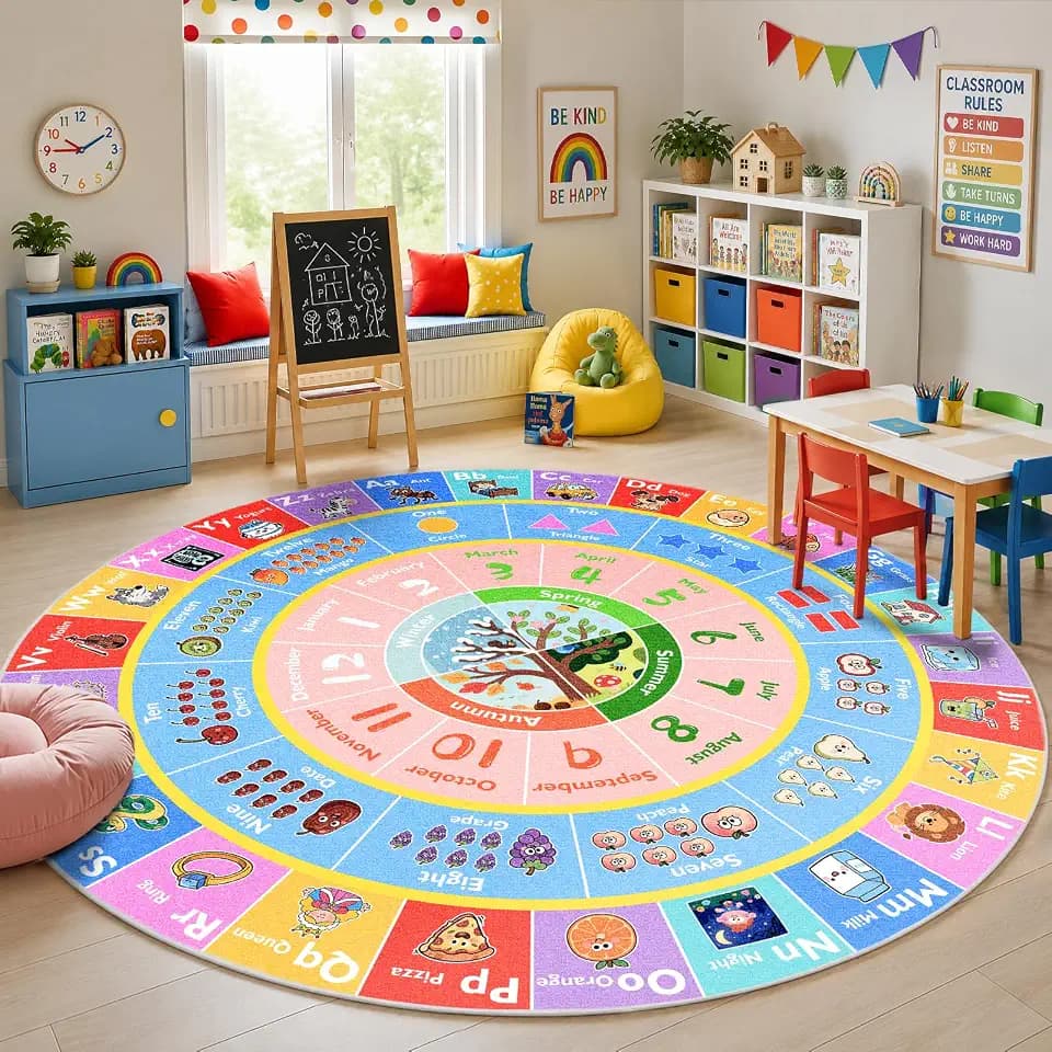 ABC Kids Rug for Playroom, 6ft Round Alphabet Small Classroom Rug
