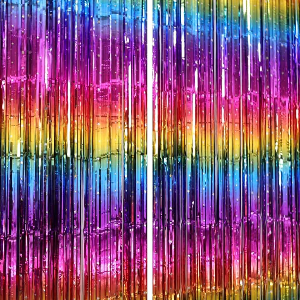 Rainbow Foil Fringe Curtain Backdrop for Birthday Party Decorations, 2 Pack