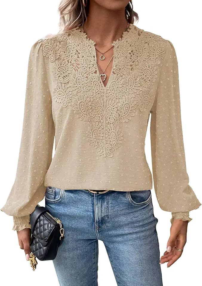 Falechay Long Sleeve Shirts for Women Boho Flowy Lace Floral V Neck Tops